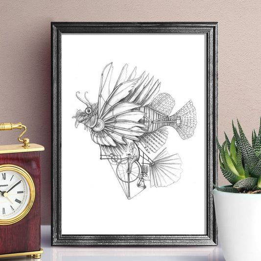 lion fish drawing, lion fish sketch, fish wall art