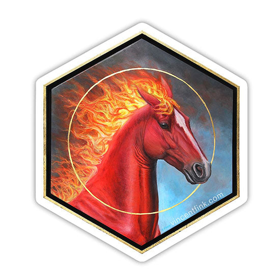 Hexagonal sticker with a red horse surrounded by flames on a white background