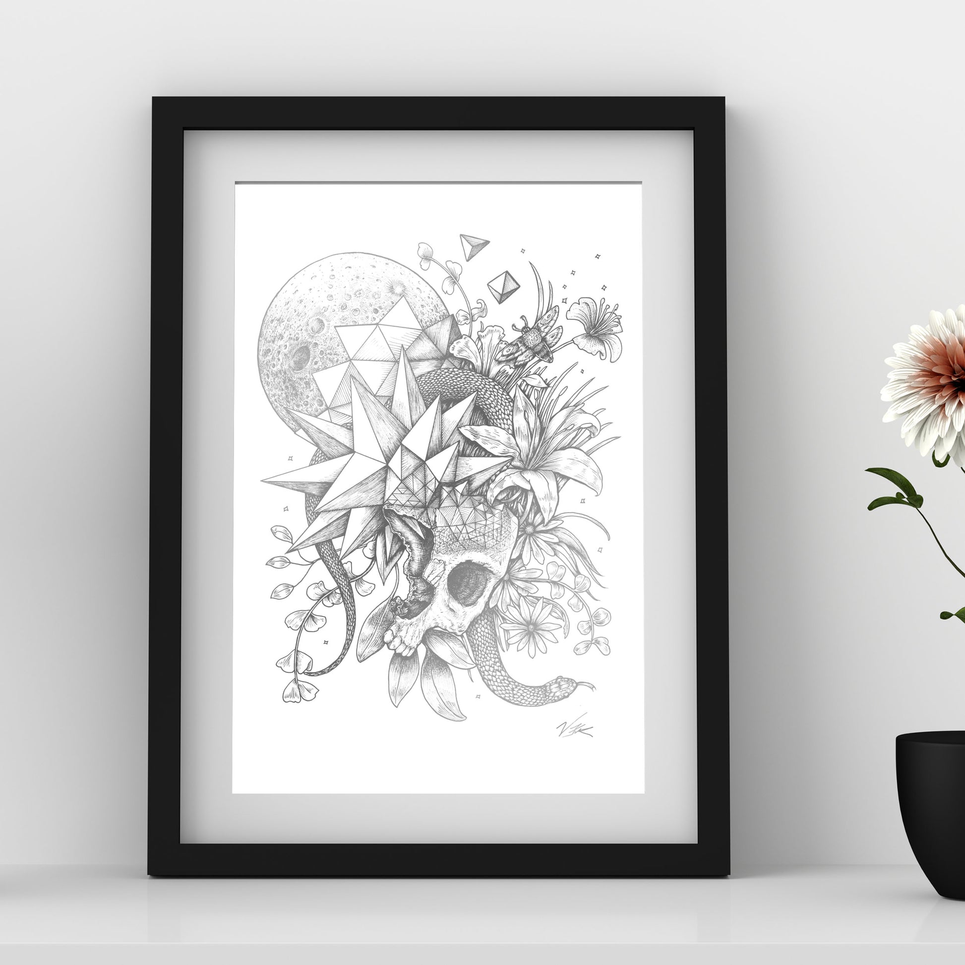 skull moon geometric art